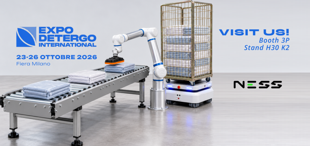 NESS a EXPOdetergo 2026 con soluzioni di automazione industriale che integrano robotica collaborativa e sistemi di movimentazione